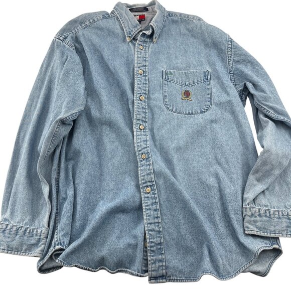 Tommy Hilfiger Vintage 90s  Mens Denim Shirt L Long Sleeve Button-Down Pocket - Picture 1 of 4